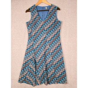 Lapis Womens Blue Brown Chevron V-Neck Sleeveless A-Line Dress Size L